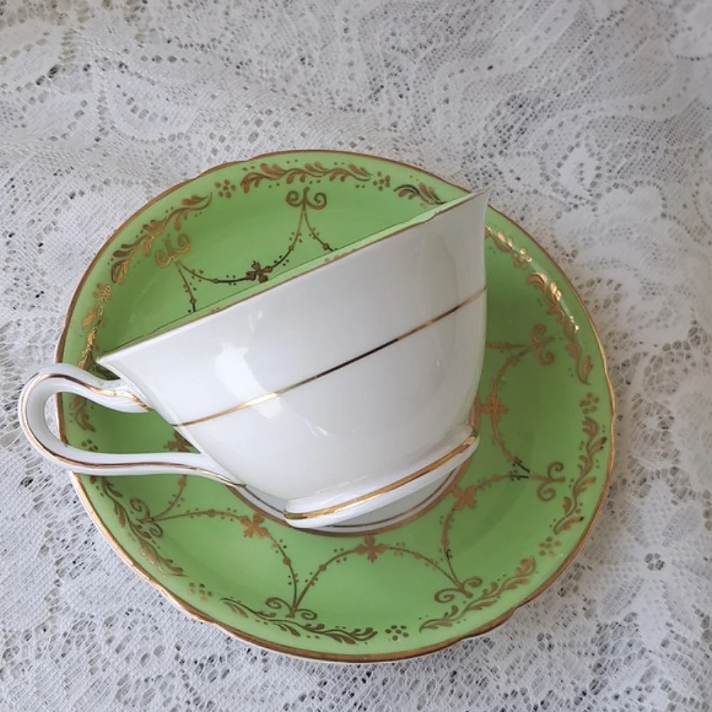 Vintage Grosvenor Jackson & Gosling Bone China Teacup Saucer Green Gold Floral